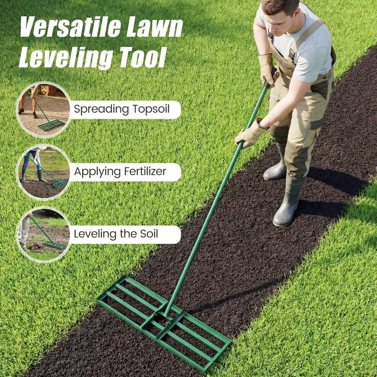 30 x 10 Inch Lawn Leveling Rake with Ergonomic Handle-Green