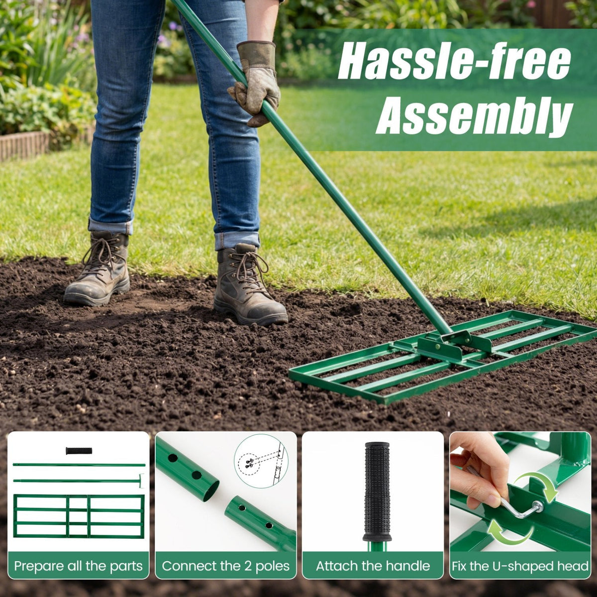 30 x 10 Inch Lawn Leveling Rake with Ergonomic Handle-Green