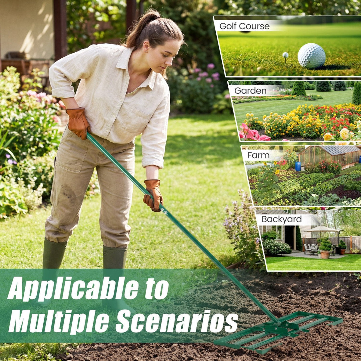 30 x 10 Inch Lawn Leveling Rake with Ergonomic Handle-Green