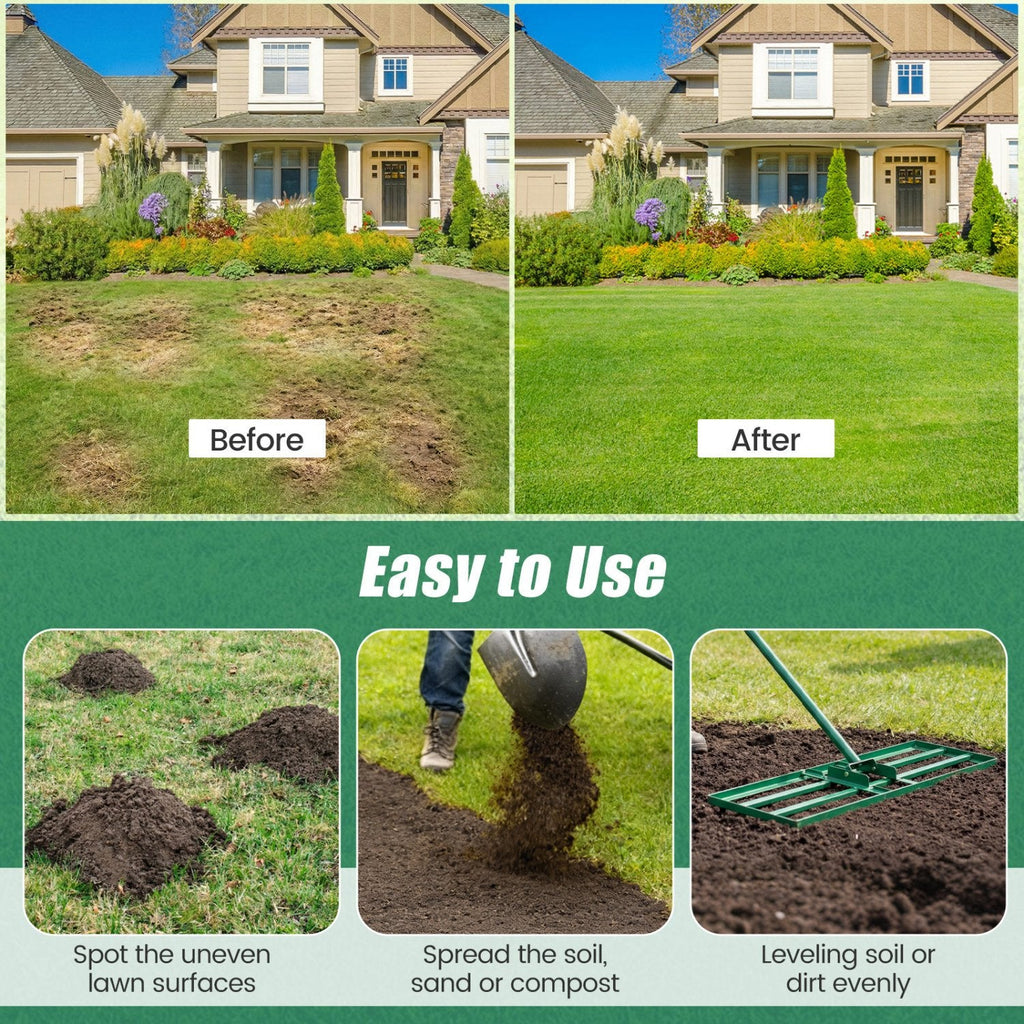 30 x 10 Inch Lawn Leveling Rake with Ergonomic Handle-Green