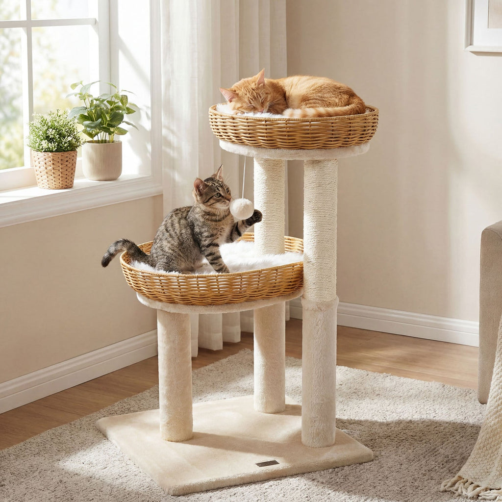 30 Inch Cat Tower with 2 Hand Woven Rattan Baskets, Sisal Posts and Washable Cushions, Beige