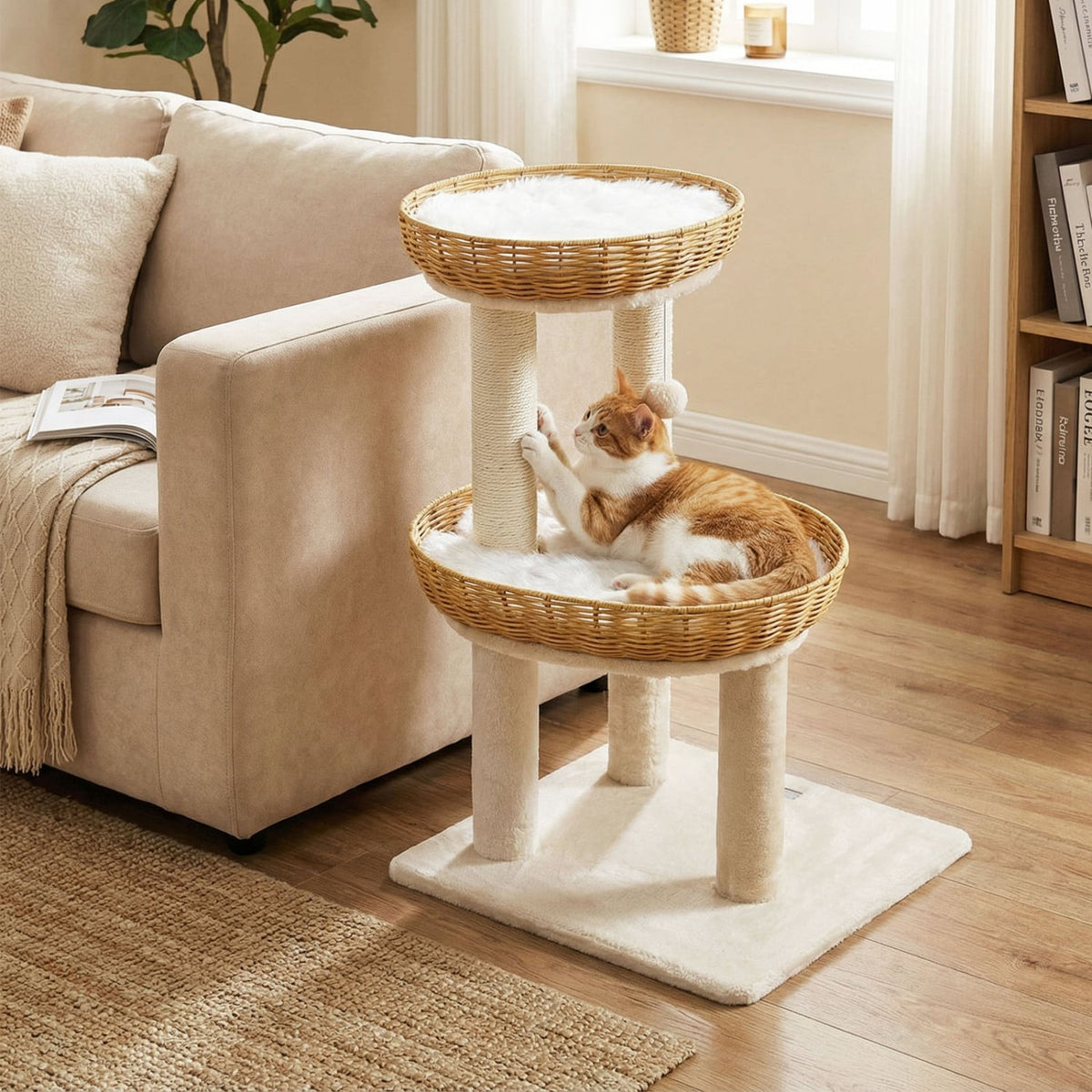 30 Inch Cat Tower with 2 Hand Woven Rattan Baskets, Sisal Posts and Washable Cushions, Beige