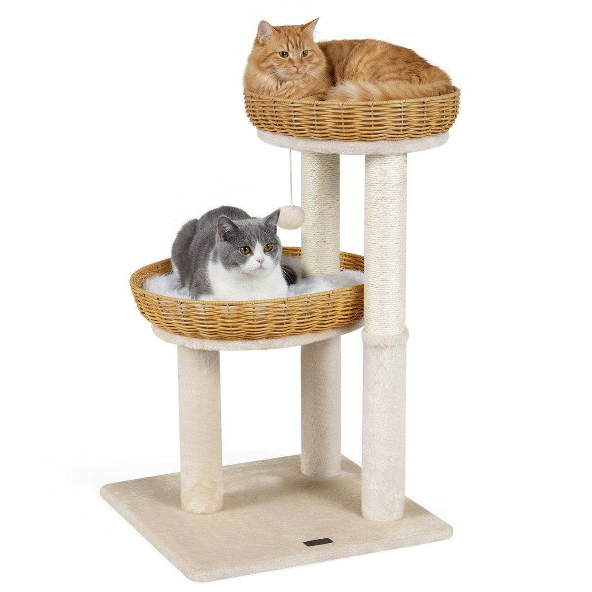 30 Inch Cat Tower with 2 Hand Woven Rattan Baskets, Sisal Posts and Washable Cushions, Beige