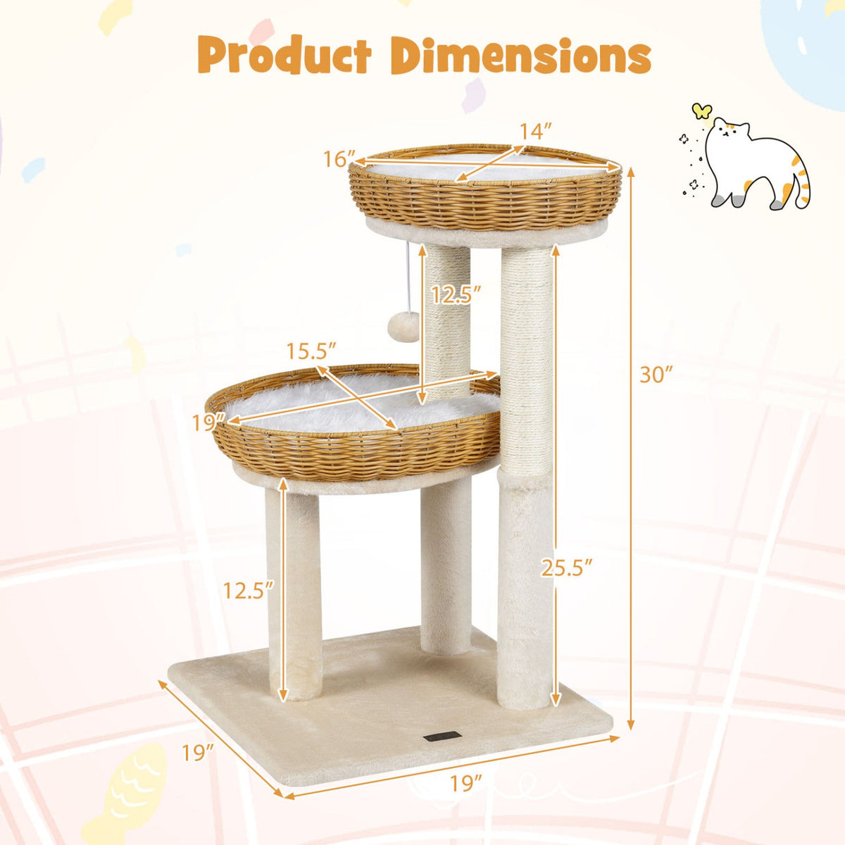30 Inch Cat Tower with 2 Hand Woven Rattan Baskets, Sisal Posts and Washable Cushions, Beige