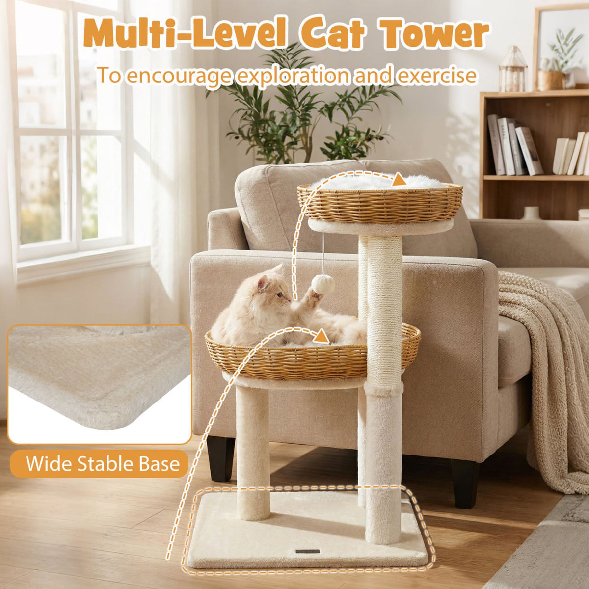 30 Inch Cat Tower with 2 Hand Woven Rattan Baskets, Sisal Posts and Washable Cushions, Beige