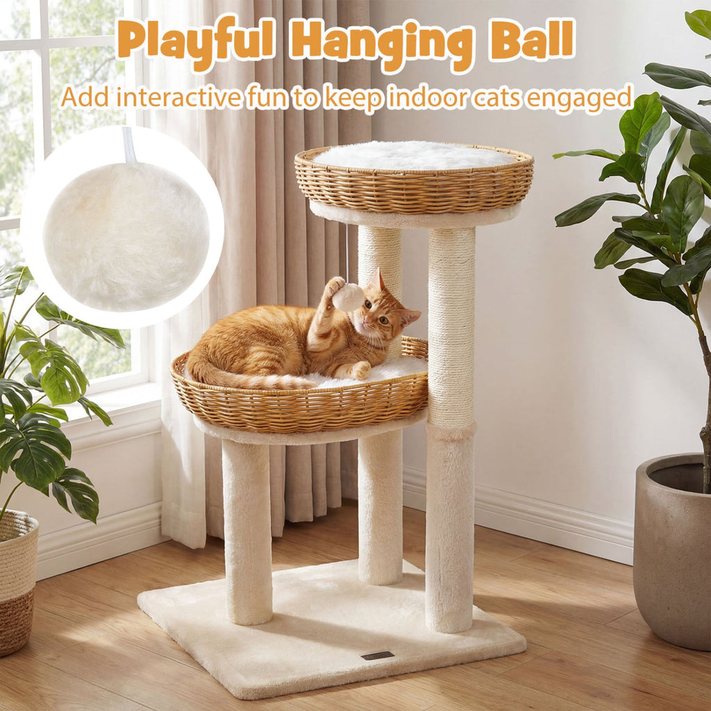 30 Inch Cat Tower with 2 Hand Woven Rattan Baskets, Sisal Posts and Washable Cushions, Beige
