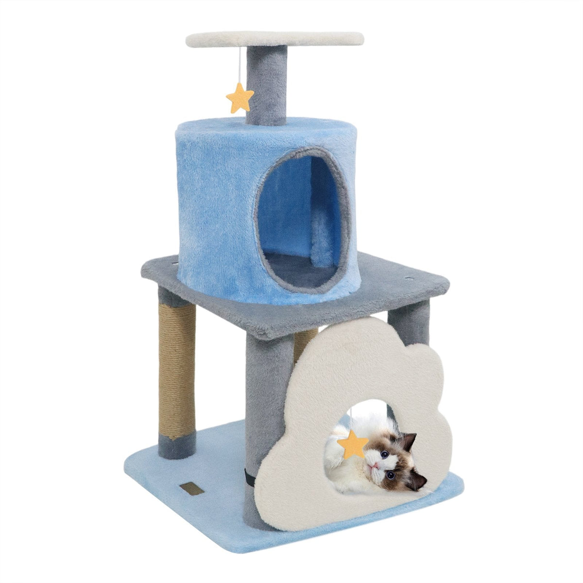 31.5 Inch Cat Tree with Moon Top Perch, Cloud Cave Platform and Jute Posts, Blue