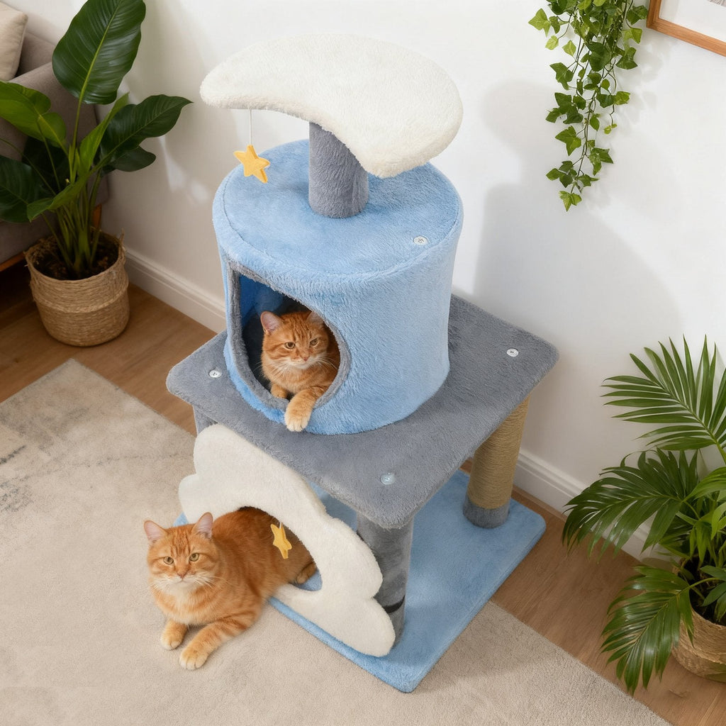 31.5 Inch Cat Tree with Moon Top Perch, Cloud Cave Platform and Jute Posts, Blue