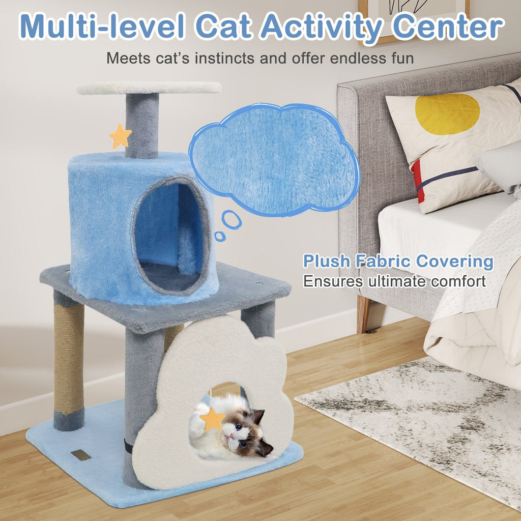31.5 Inch Cat Tree with Moon Top Perch, Cloud Cave Platform and Jute Posts, Blue