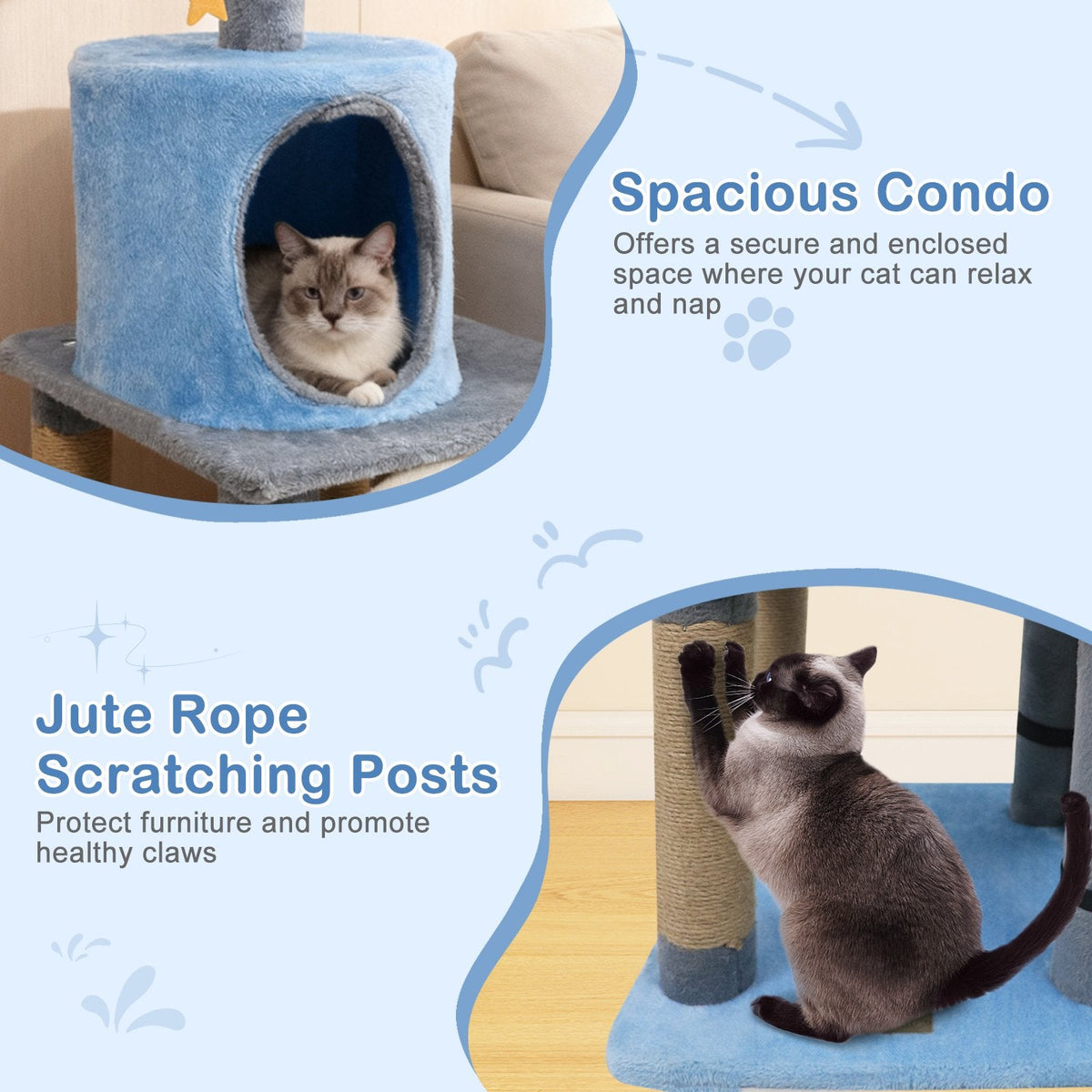 31.5 Inch Cat Tree with Moon Top Perch, Cloud Cave Platform and Jute Posts, Blue