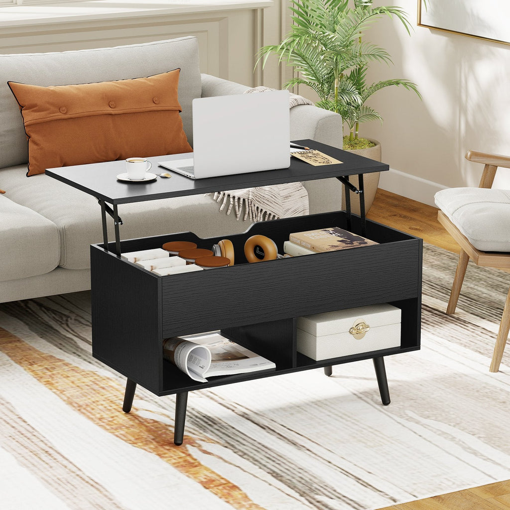 31.5 Inch Lift Top Coffee Table with Hidden Compartment and 2 Storage Shelves, Black