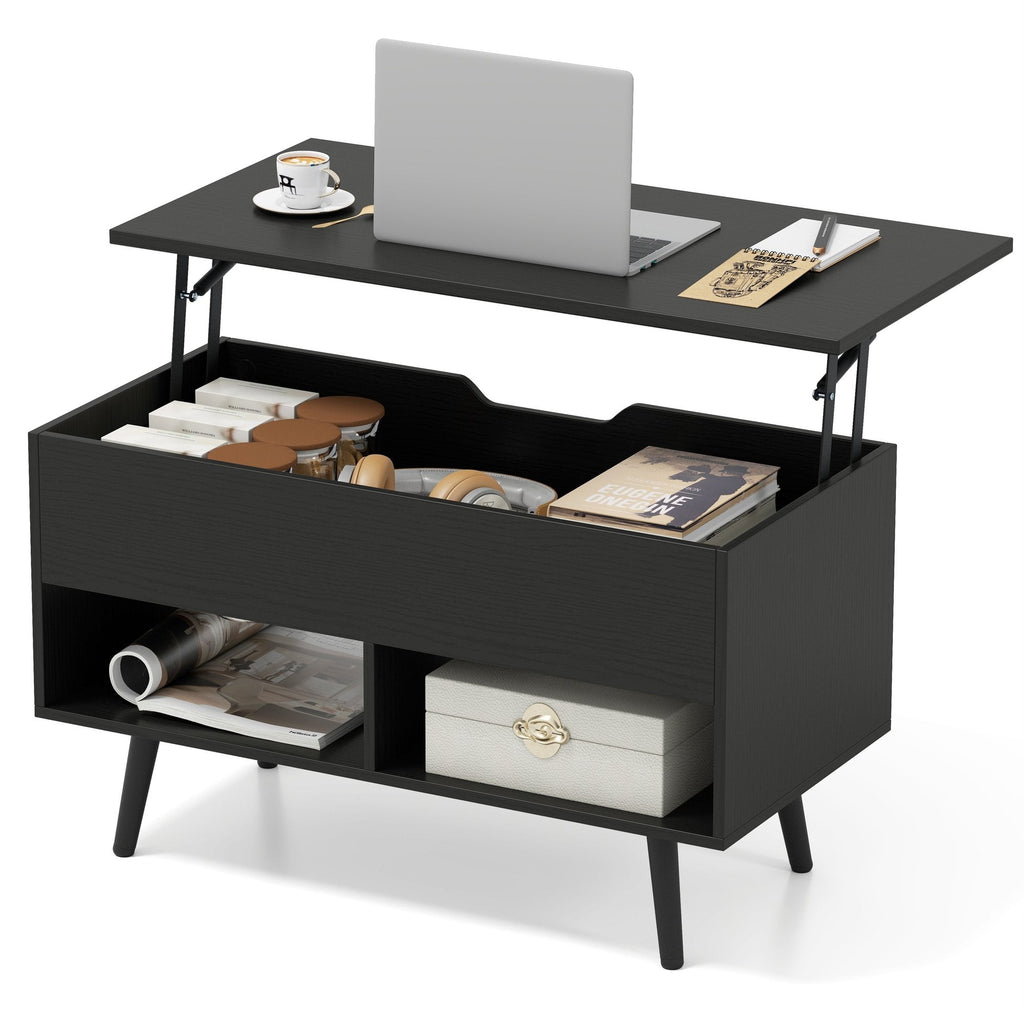 31.5 Inch Lift Top Coffee Table with Hidden Compartment and 2 Storage Shelves, Black