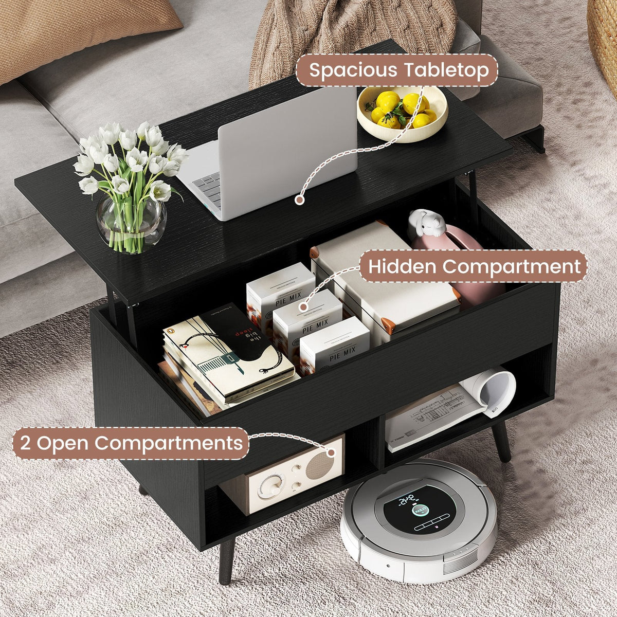 31.5 Inch Lift Top Coffee Table with Hidden Compartment and 2 Storage Shelves, Black