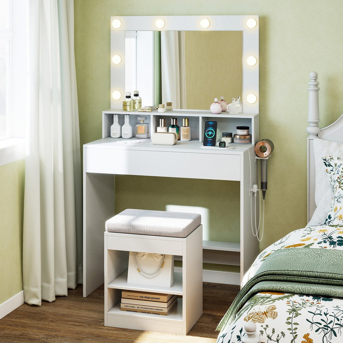 31.5 Inches Vanity Desk with 3 Lighting Modes and Storage Shelves-White