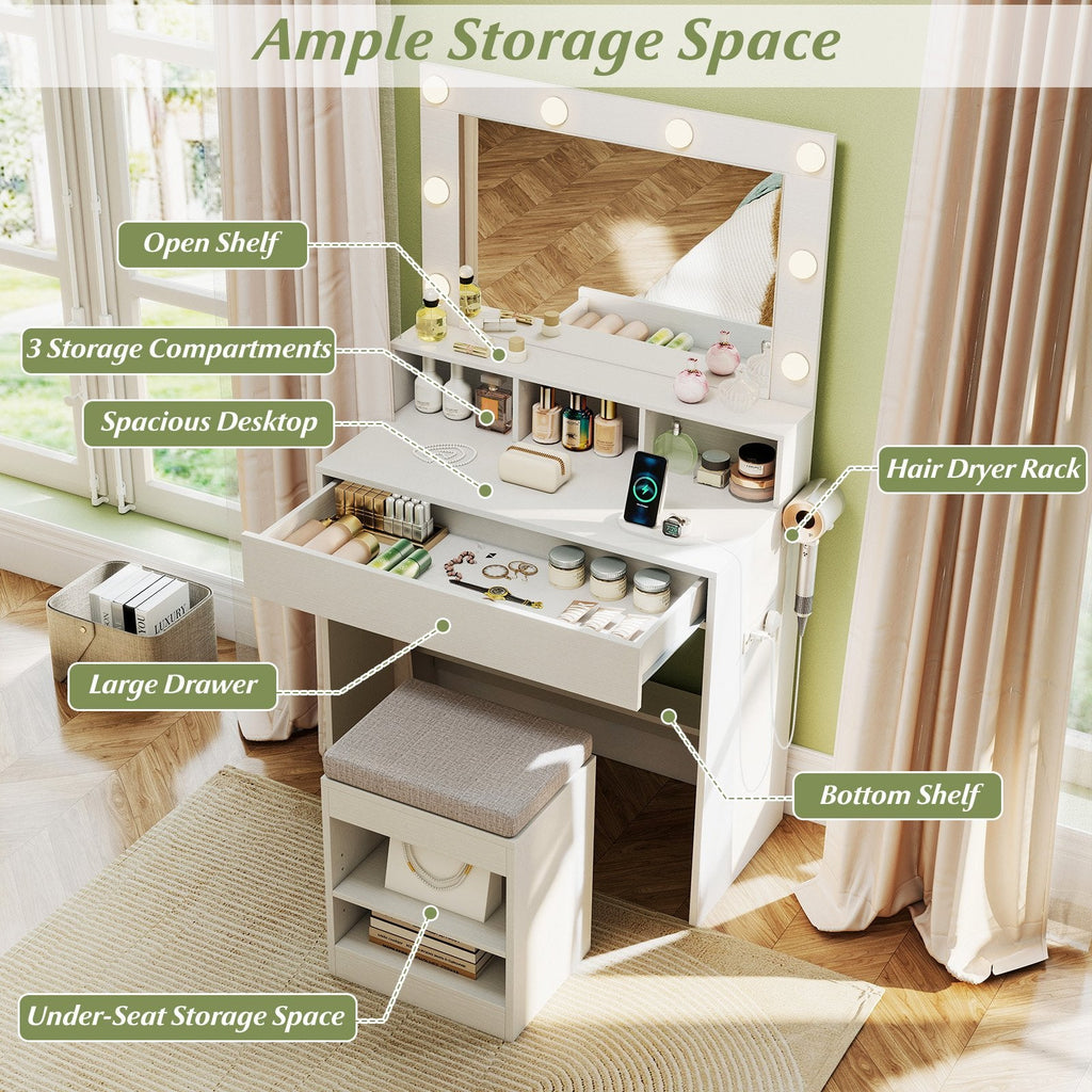 31.5 Inches Vanity Desk with 3 Lighting Modes and Storage Shelves-White
