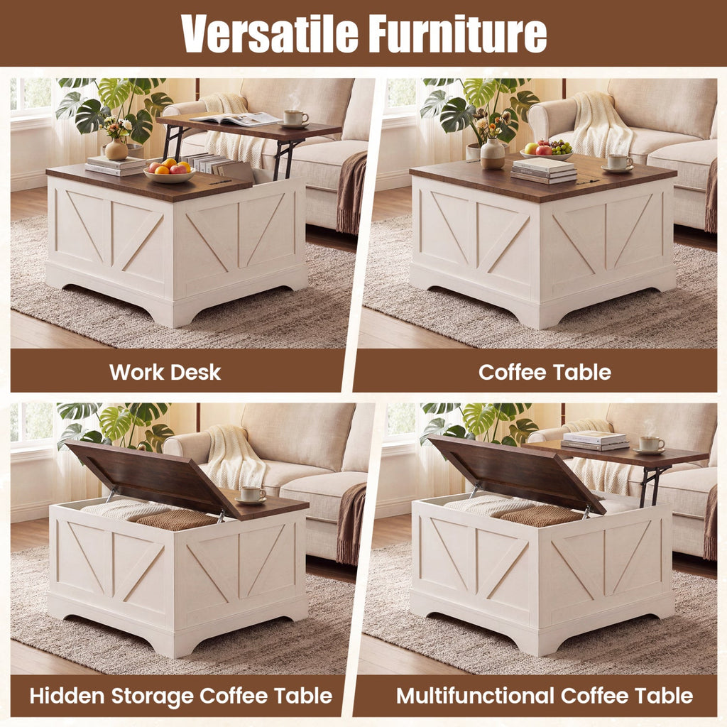 31.5 Inch Square Coffee Table with Lifting Tabletop and Hidden Compartment-Rustic Brown