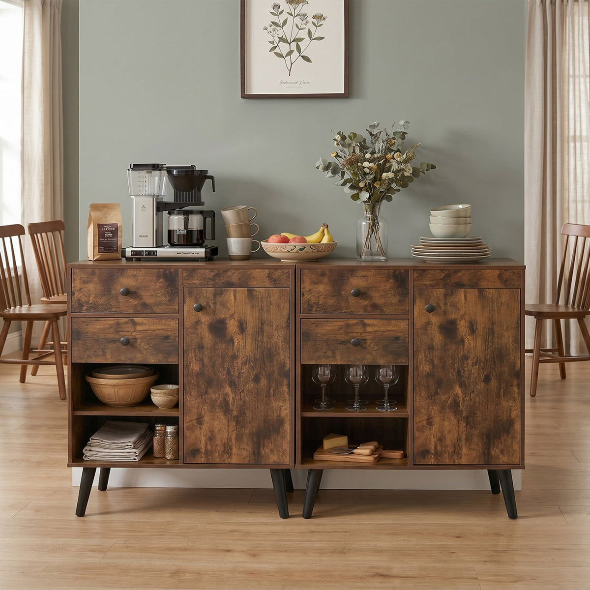 31 inches Sideboard Cabinet with 2 Open Compartments and 2 Drawers-Rustic Brown