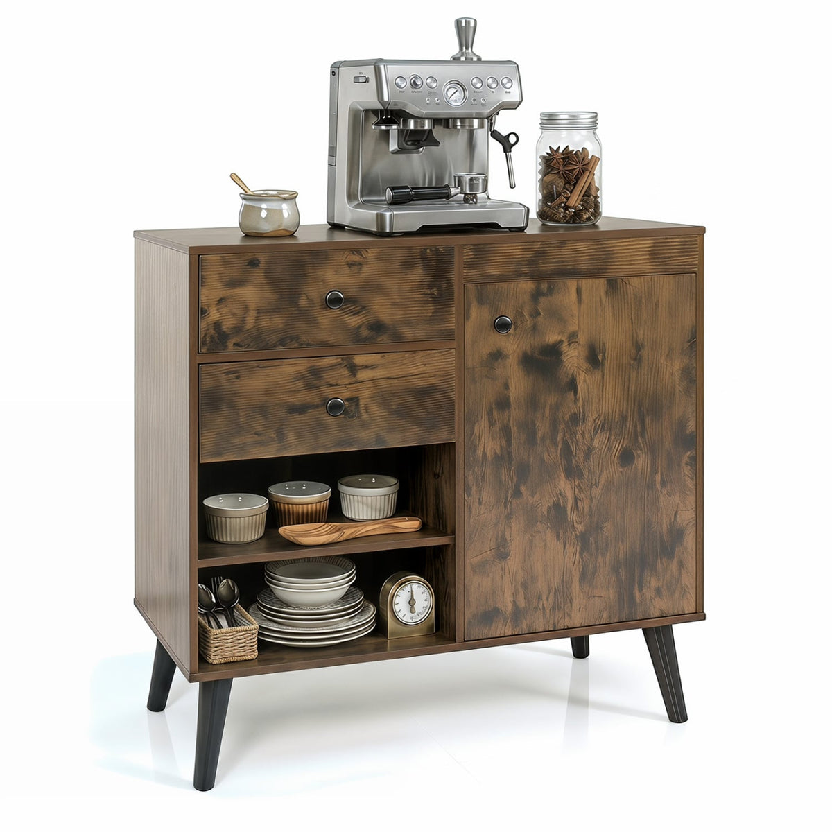 31 inches Sideboard Cabinet with 2 Open Compartments and 2 Drawers-Rustic Brown