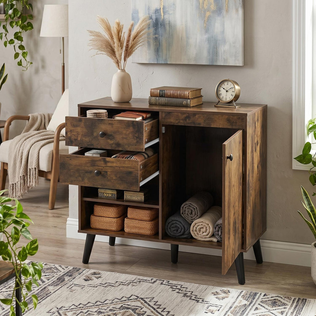 31 inches Sideboard Cabinet with 2 Open Compartments and 2 Drawers-Rustic Brown