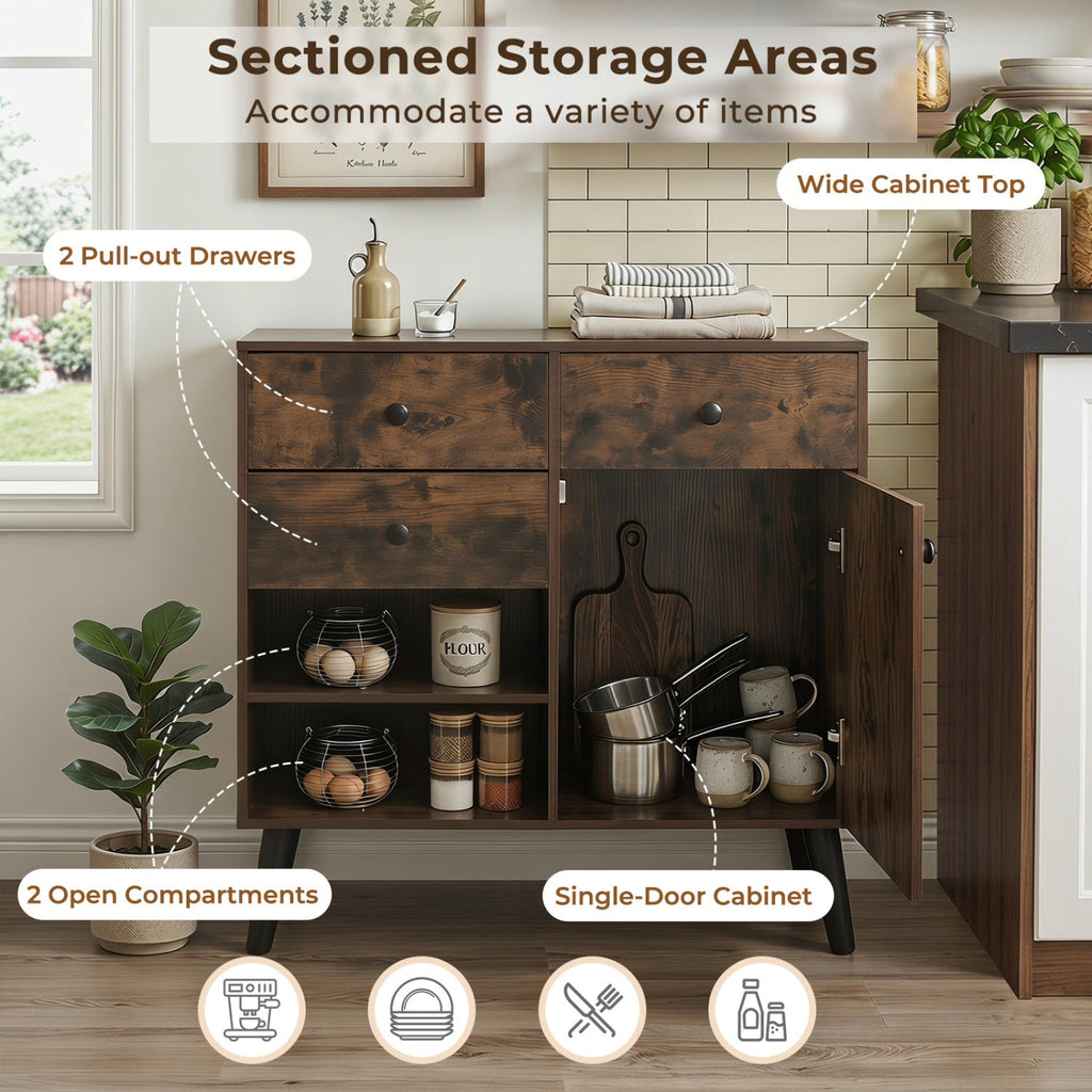 31 inches Sideboard Cabinet with 2 Open Compartments and 2 Drawers-Rustic Brown