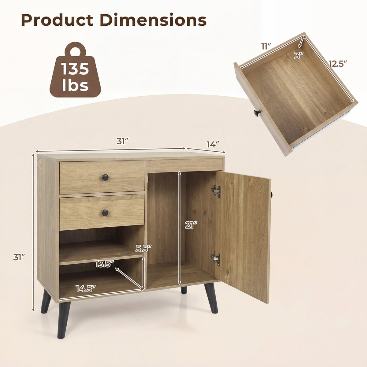 31 inches Sideboard Cabinet with 2 Open Compartments and 2 Drawers-Natrual