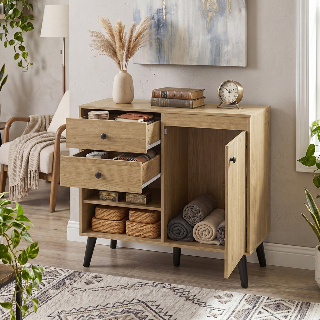 31 inches Sideboard Cabinet with 2 Open Compartments and 2 Drawers-Natrual