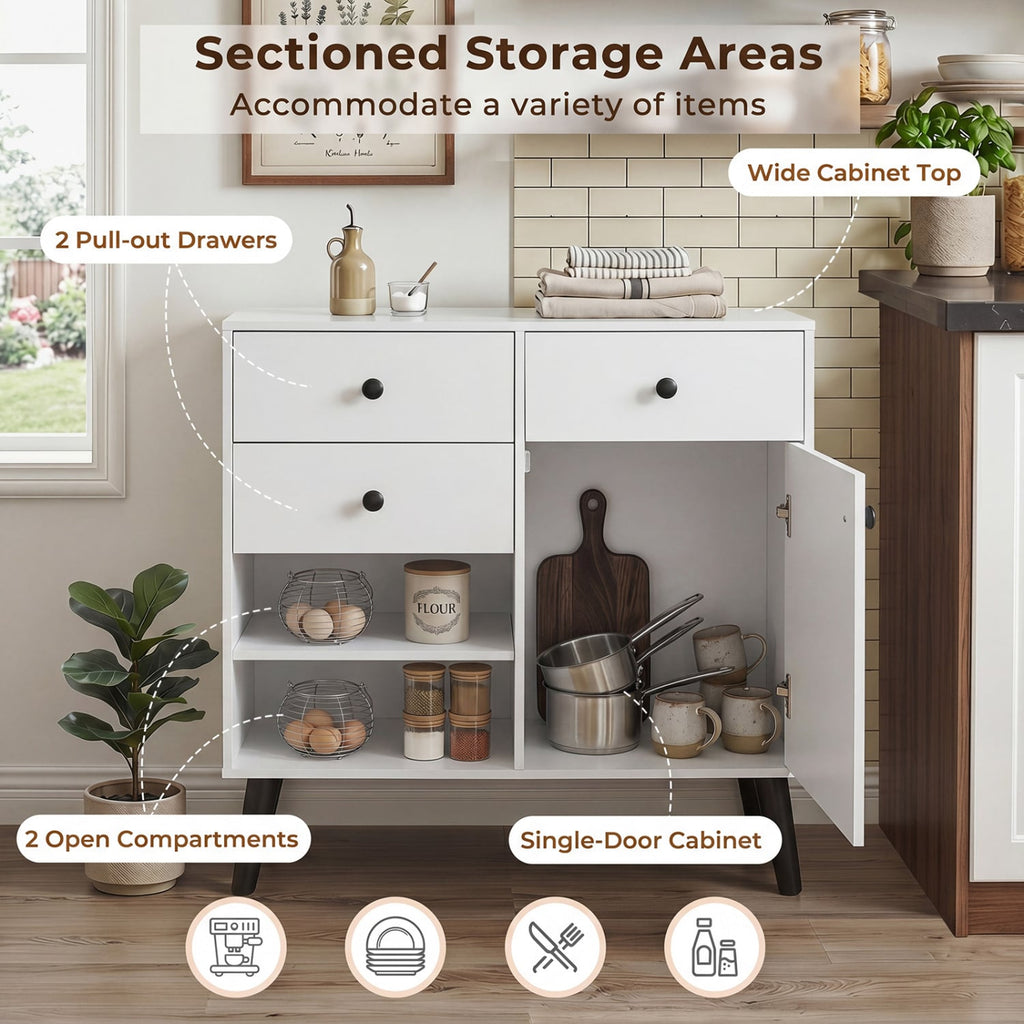 31 inches Sideboard Cabinet with 2 Open Compartments and 2 Drawers-White