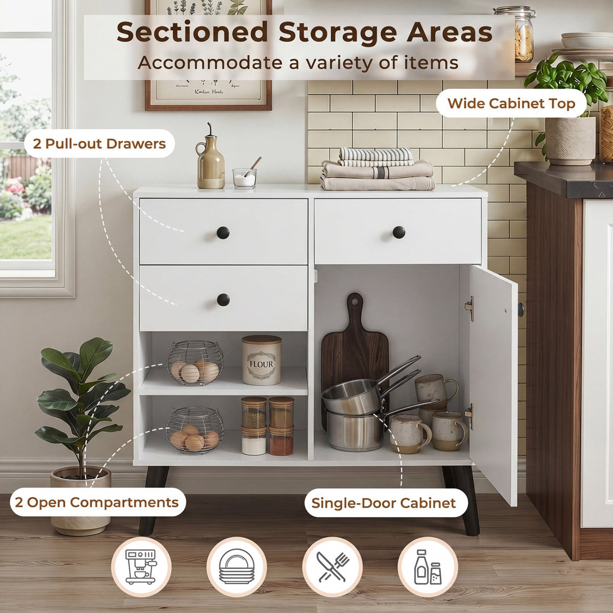 31 inches Sideboard Cabinet with 2 Open Compartments and 2 Drawers-White