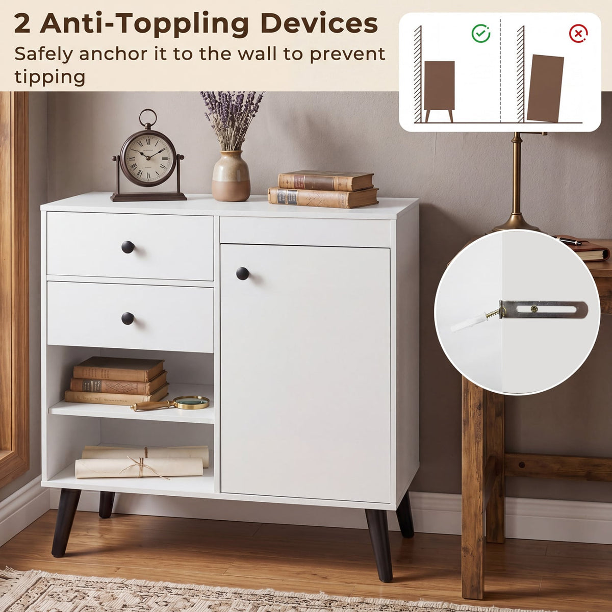 31 inches Sideboard Cabinet with 2 Open Compartments and 2 Drawers-White
