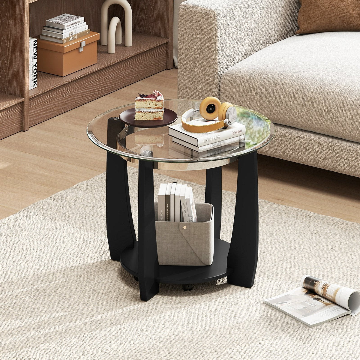 32 inches 2-Tier Glass Round Coffee Table with Storage Shelf-Black