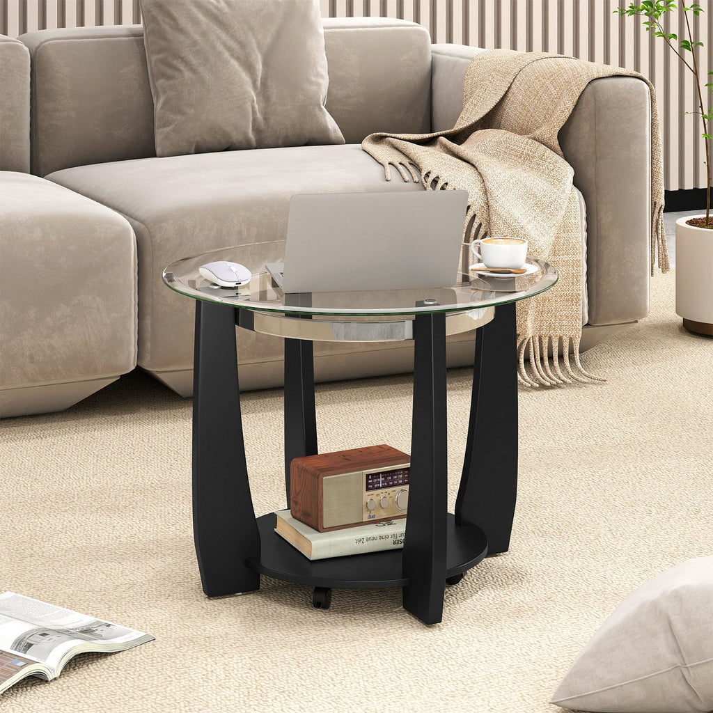 32 inches 2-Tier Glass Round Coffee Table with Storage Shelf-Black