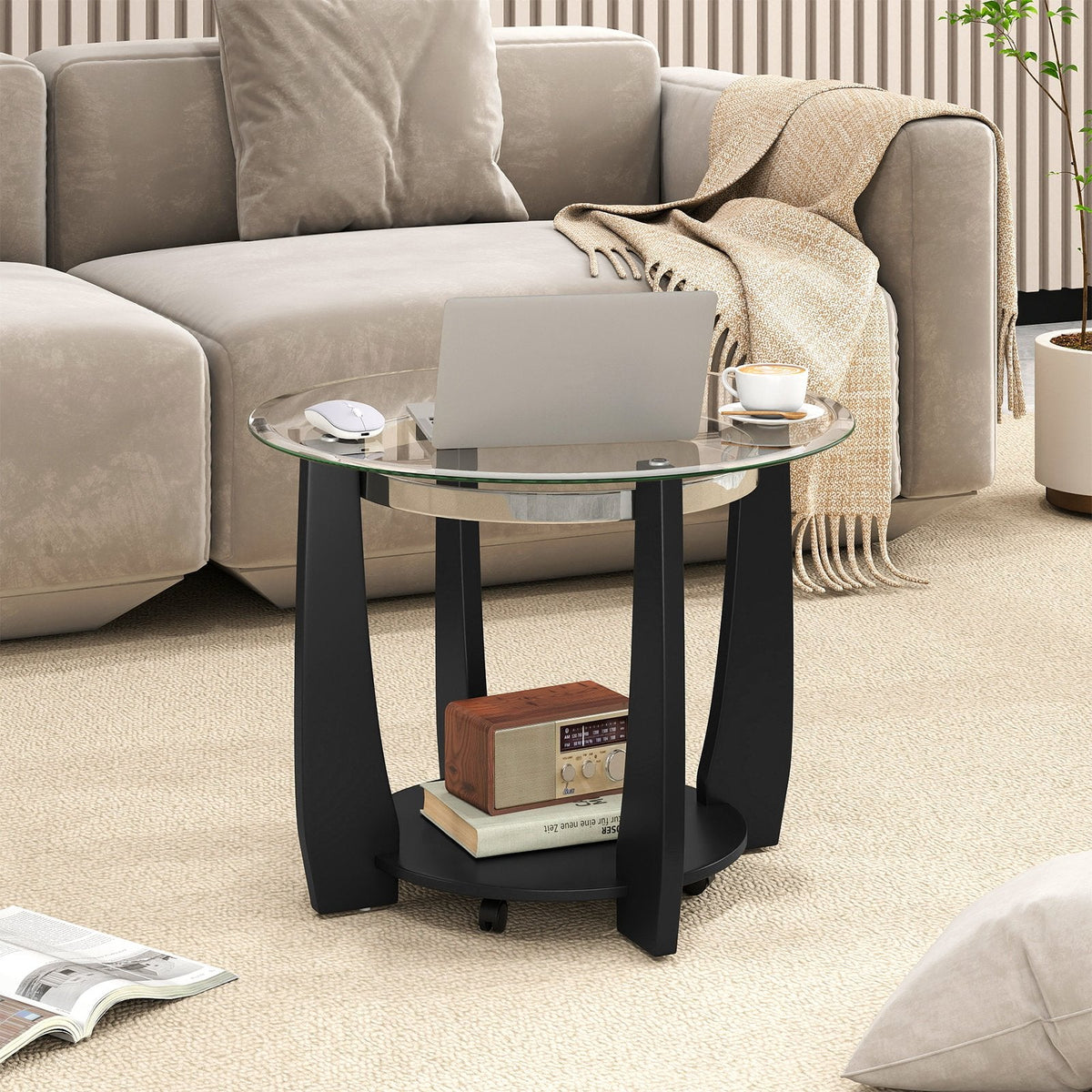 32 inches 2-Tier Glass Round Coffee Table with Storage Shelf-Black