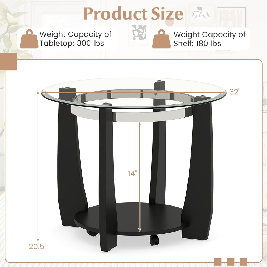 32 inches 2-Tier Glass Round Coffee Table with Storage Shelf-Black