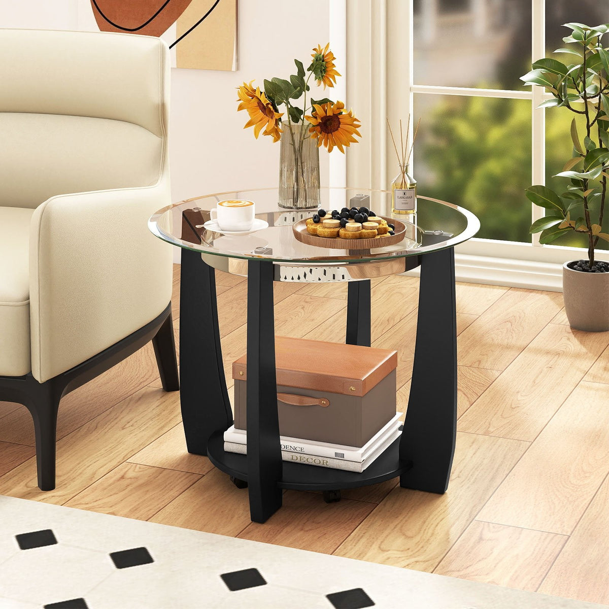 32 inches 2-Tier Glass Round Coffee Table with Storage Shelf-Black