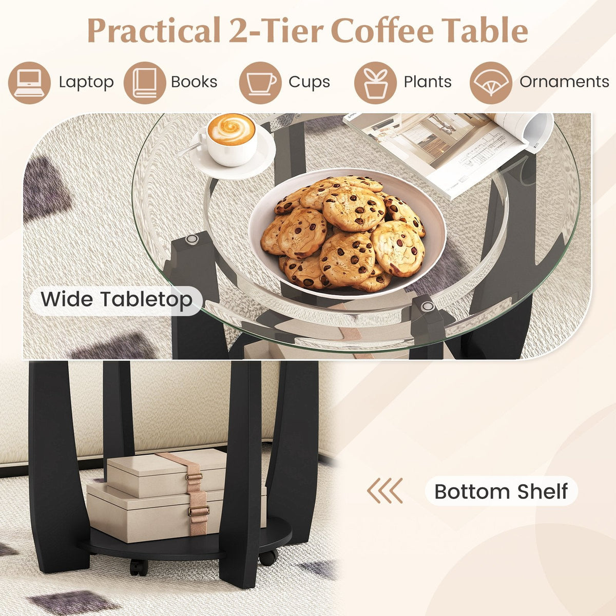 32 inches 2-Tier Glass Round Coffee Table with Storage Shelf-Black