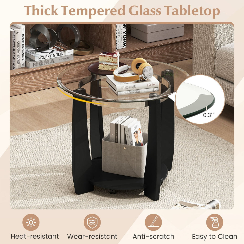 32 inches 2-Tier Glass Round Coffee Table with Storage Shelf-Black