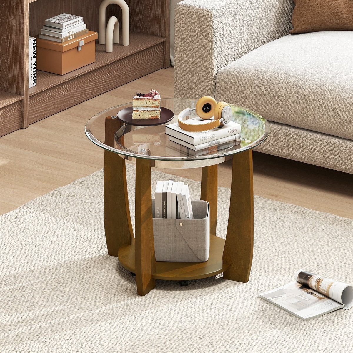 32 inches 2-Tier Glass Round Coffee Table with Storage Shelf-Walnut