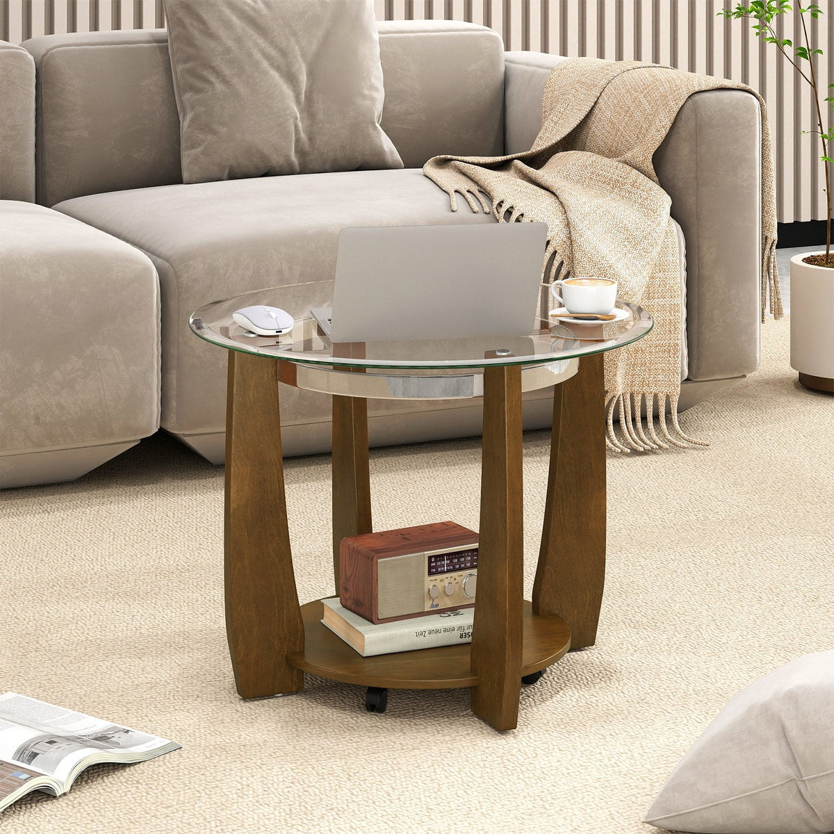 32 inches 2-Tier Glass Round Coffee Table with Storage Shelf-Walnut
