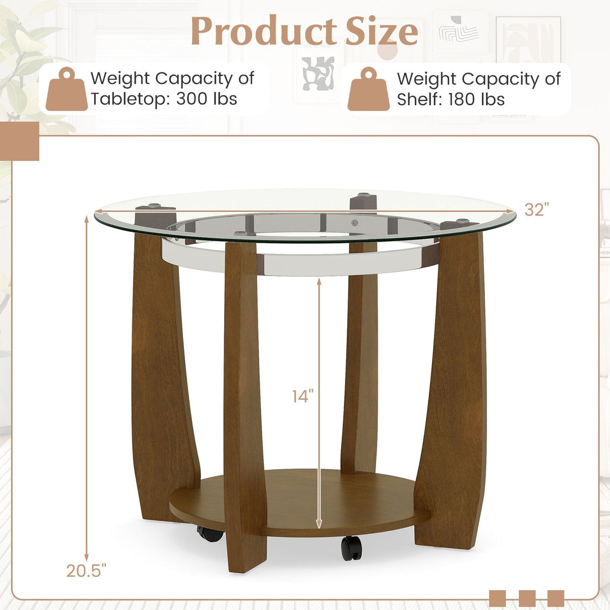 32 inches 2-Tier Glass Round Coffee Table with Storage Shelf-Walnut