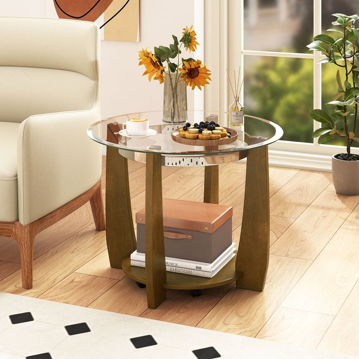 32 inches 2-Tier Glass Round Coffee Table with Storage Shelf-Walnut