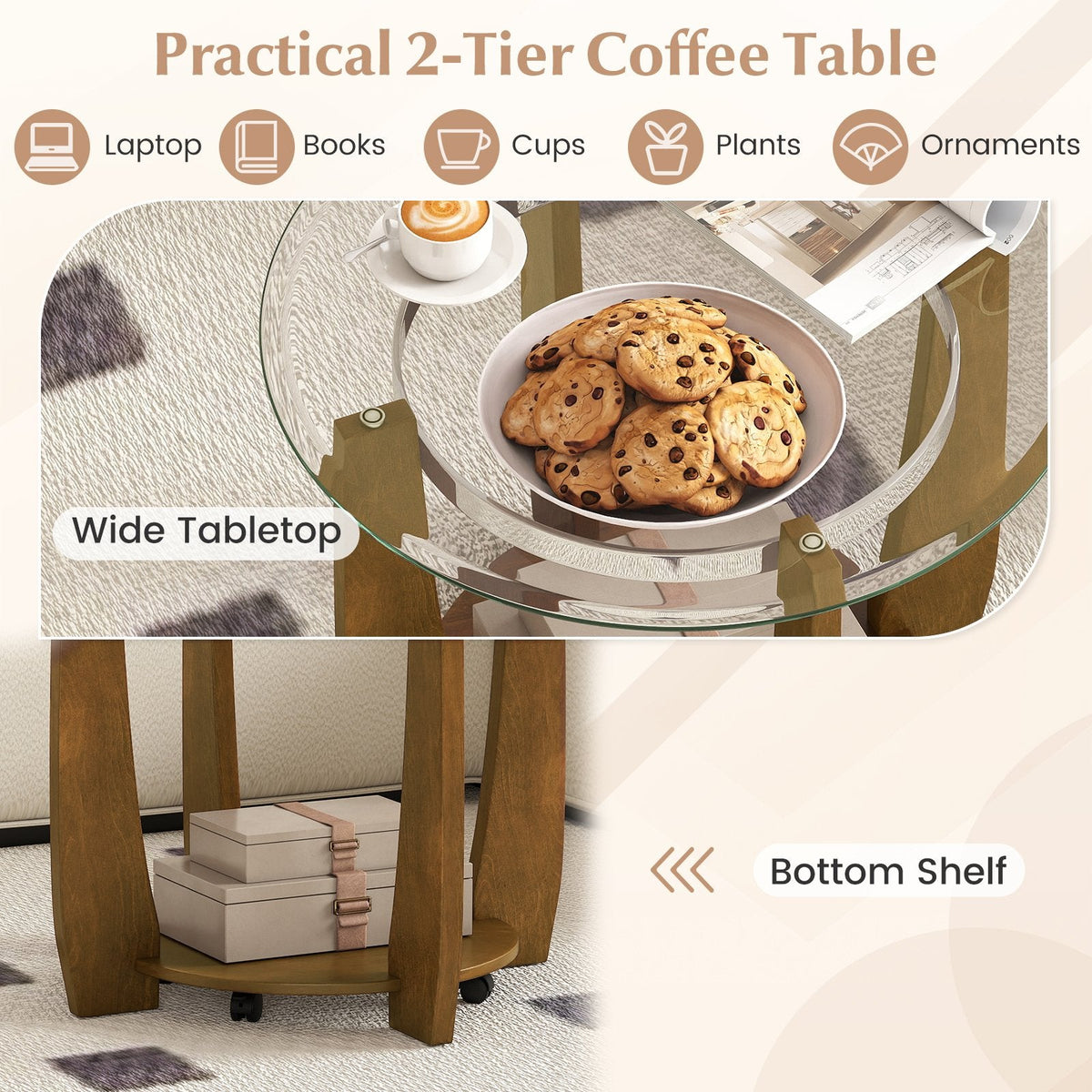 32 inches 2-Tier Glass Round Coffee Table with Storage Shelf-Walnut
