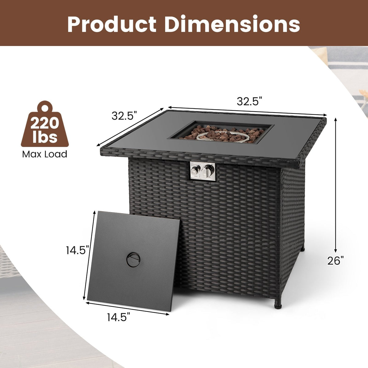 32.5 Inch Propane Fire Pit Table 5000 BTU with Tempered Glass Tabletop-Black