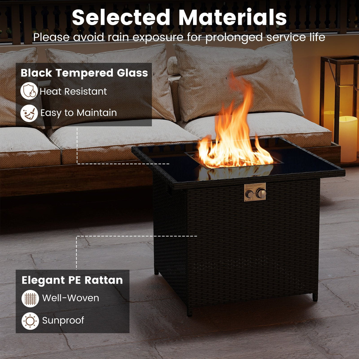 32.5 Inch Propane Fire Pit Table 5000 BTU with Tempered Glass Tabletop-Black
