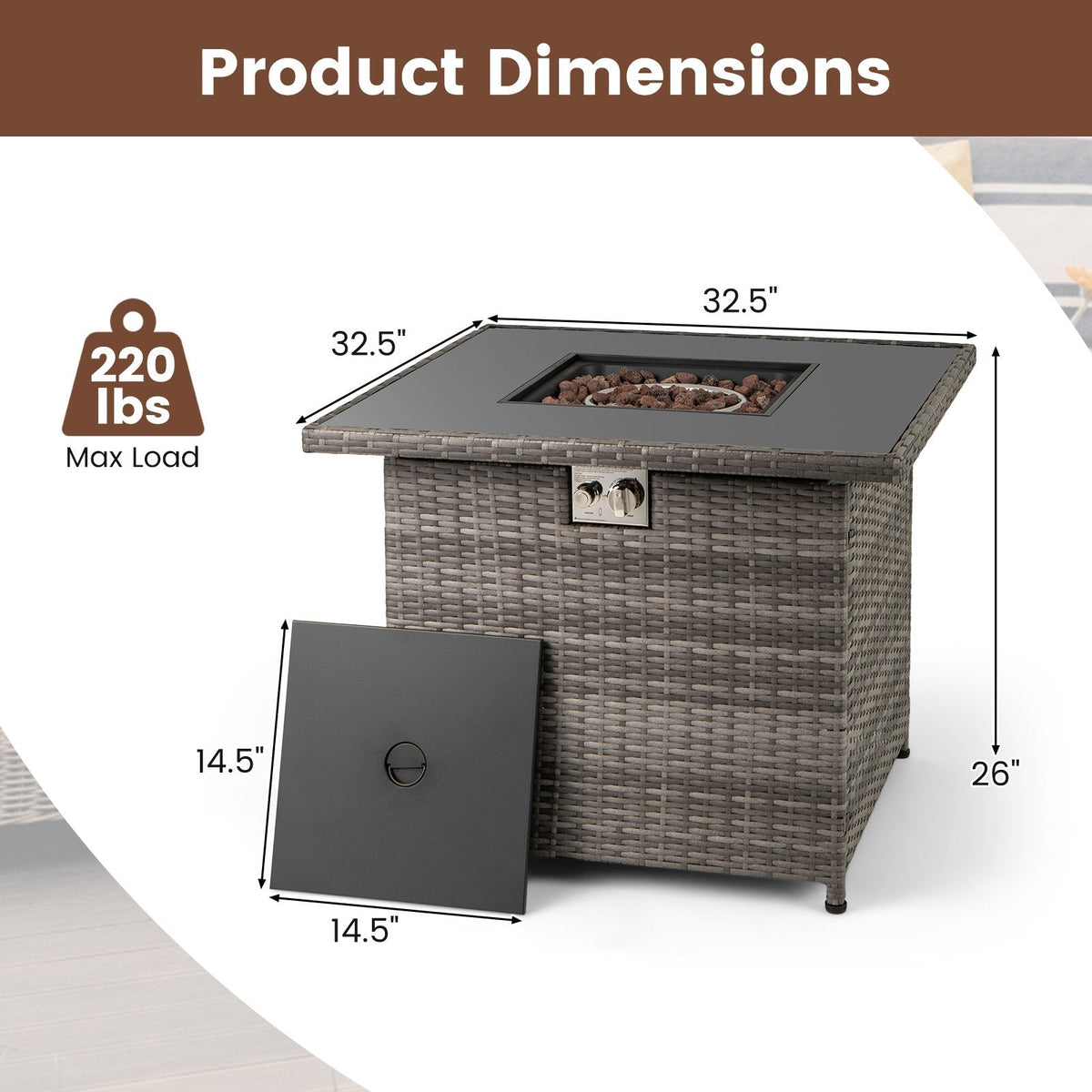 32.5 Inch Propane Fire Pit Table 5000 BTU with Tempered Glass Tabletop-Gray