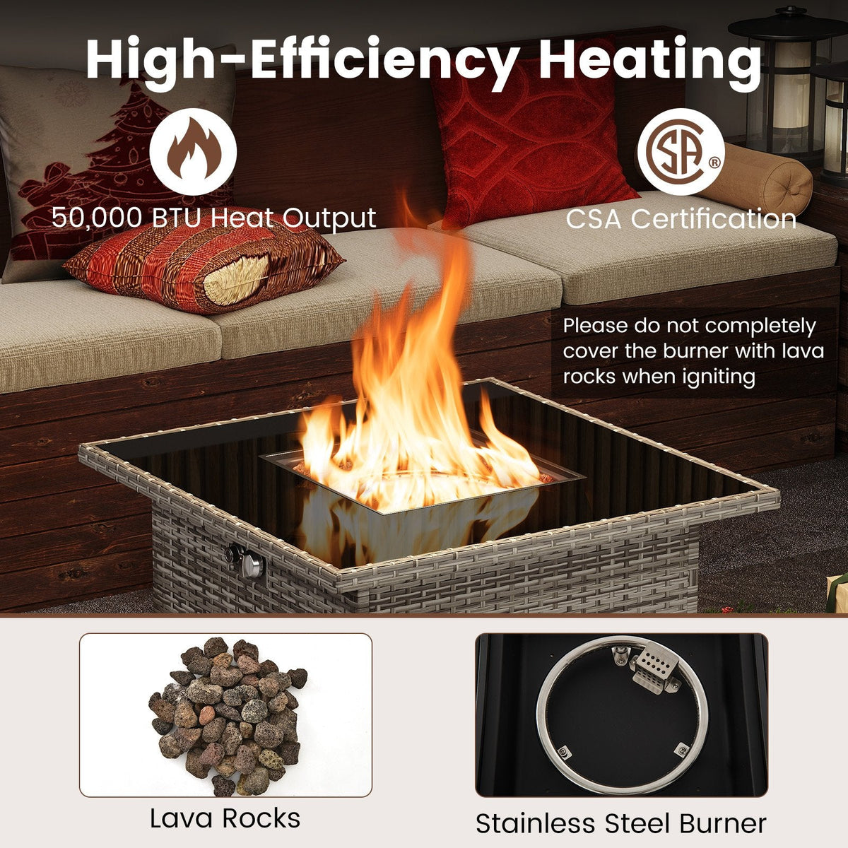 32.5 Inch Propane Fire Pit Table 5000 BTU with Tempered Glass Tabletop-Gray