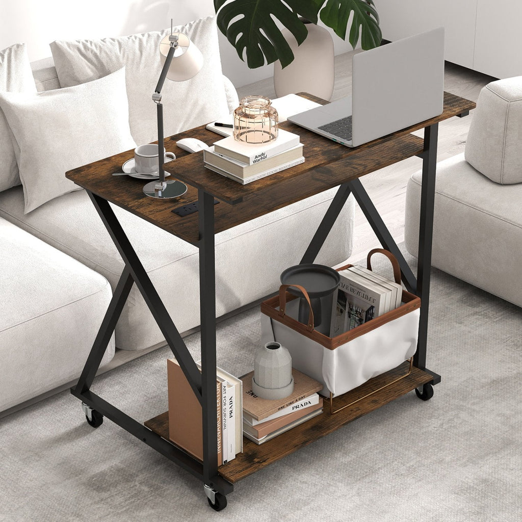 32 Inch Rolling Computer Desk for Small Spaces with Power Outlets-Rustic Brown