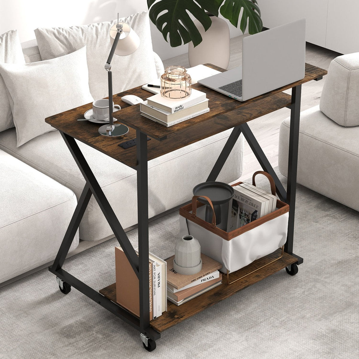 32 Inch Rolling Computer Desk for Small Spaces with Power Outlets-Rustic Brown