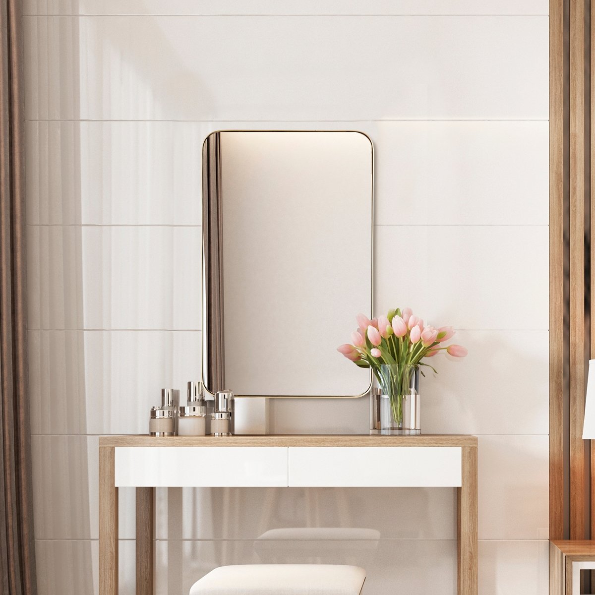 32 Inch x 20 Inch Metal Frame Wall-Mounted Rectangle Mirror-Golden