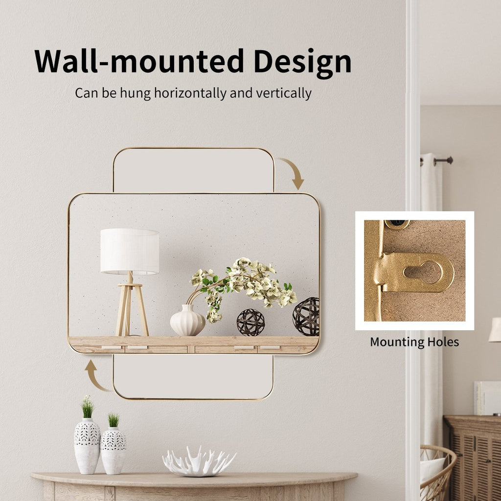 32 Inch x 20 Inch Metal Frame Wall-Mounted Rectangle Mirror-Golden