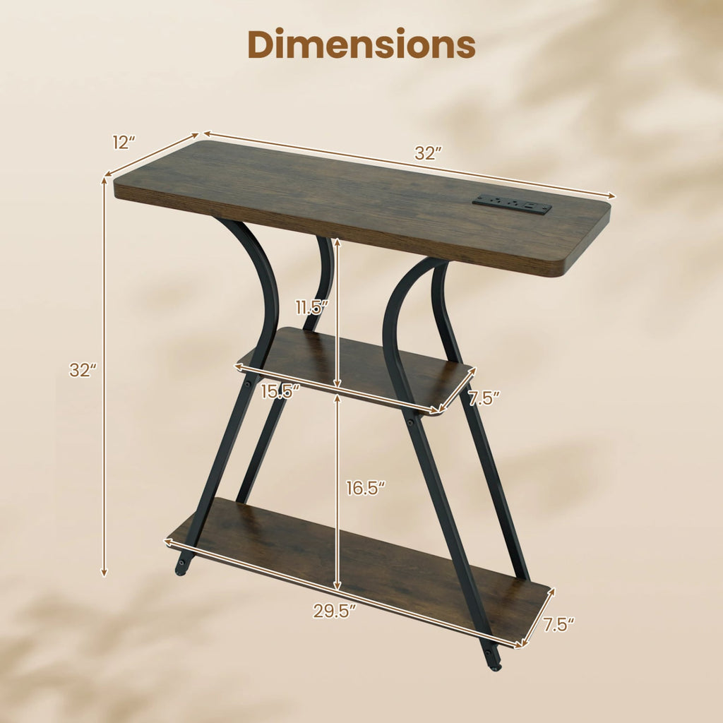 32 Inch Narrow Long Entryway Table with Power Outlets and LED Lights-Brown